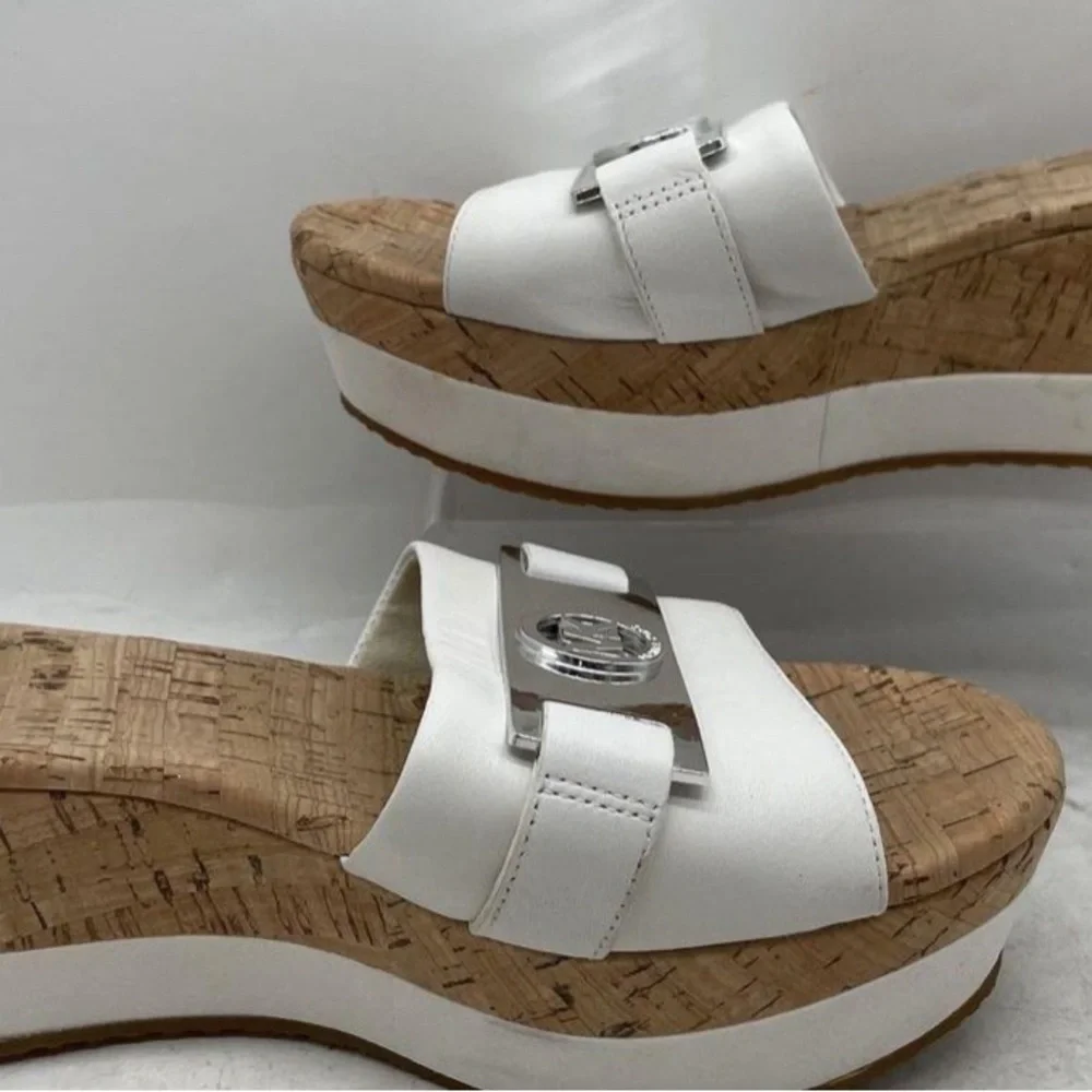 Michael Kors Warren White Open Toe Cork Wedge Platform Slides Size 9 M Sandals